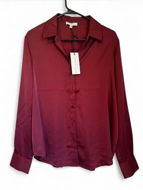 Women's Maison d’Amelie Satin Button-Front Blouse - Burgundy